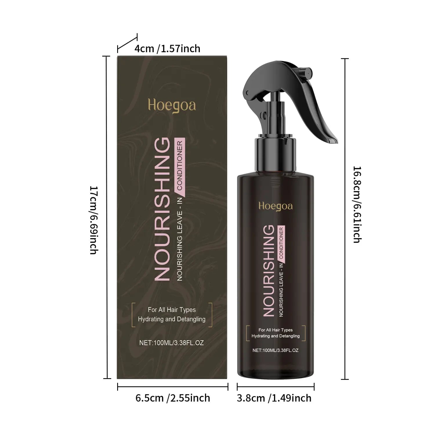 Black plastic spray bottle with a black trigger nozzle and gold lettering reading hoegoa nourishing leave-in conditioner for nourishing disposable hair care leave-in spray.