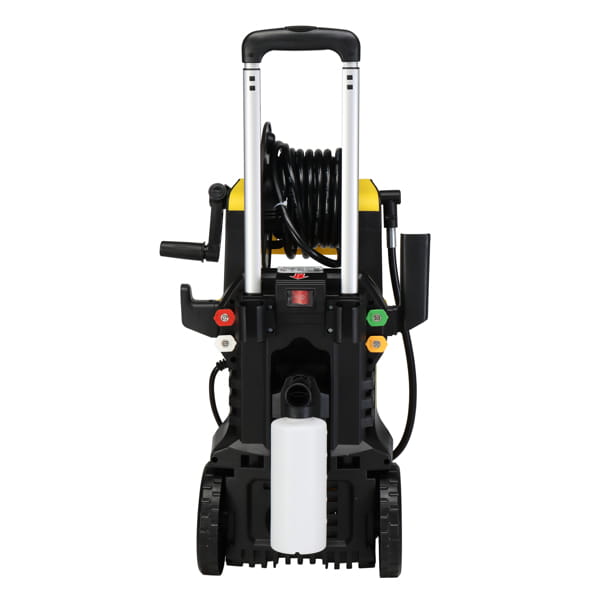 yellow high pressure cleaning machine with hose reel featuring a black and yellow portable pressure cleaning machine with coiled hose, handle, wheels, and control buttons for efficient high pressure cleaning.