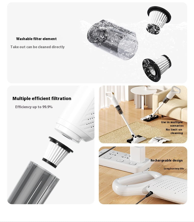 White wireless rechargeable vacuum cleaner showing a handheld vacuum cleaner with a detachable washable filter and a rechargeable battery for convenient cordless cleaning.