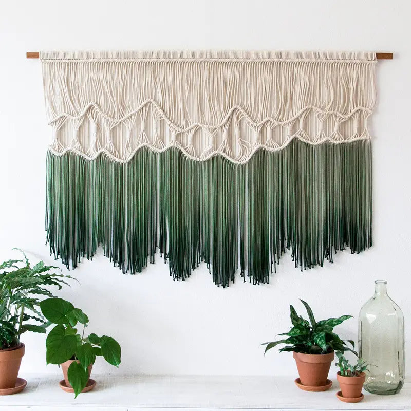beige and green tapestry dyeing handmade macrame wall hanging with intricate knotwork patterns and gradient effect from light to dark