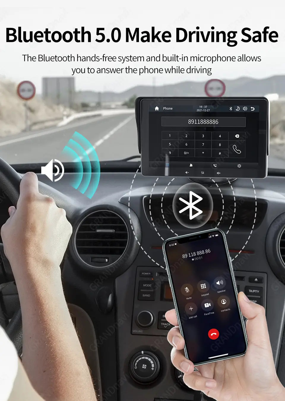 black smartphone displaying a phone call interface with bluetooth connectivity symbols paired with a 7 inch wireless carplay display with cigarette lighter for car wireless carplay use