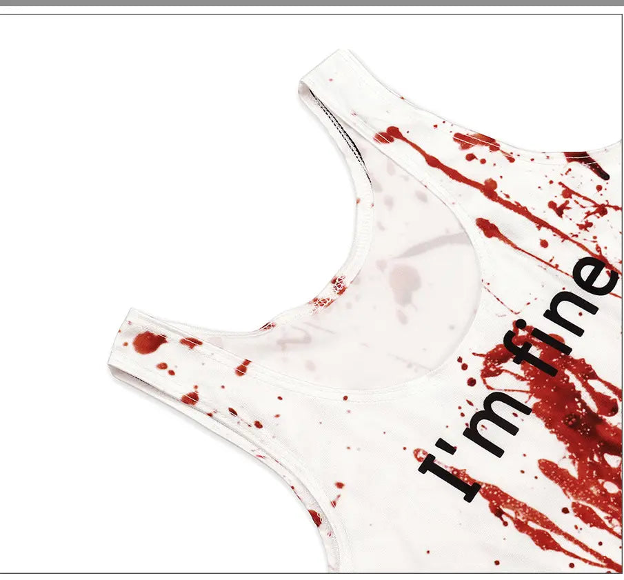 white tank top with red splatter design and black text reading im fine as part of female ghost clothes adult stage plaid skirt set for ghost clothes adult use