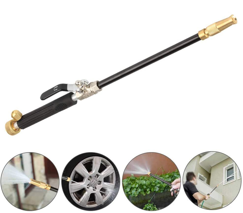 Adjustable black and gold car wash water gun with a garden hose spray nozzle and textured grip handle for efficient car wash water control.