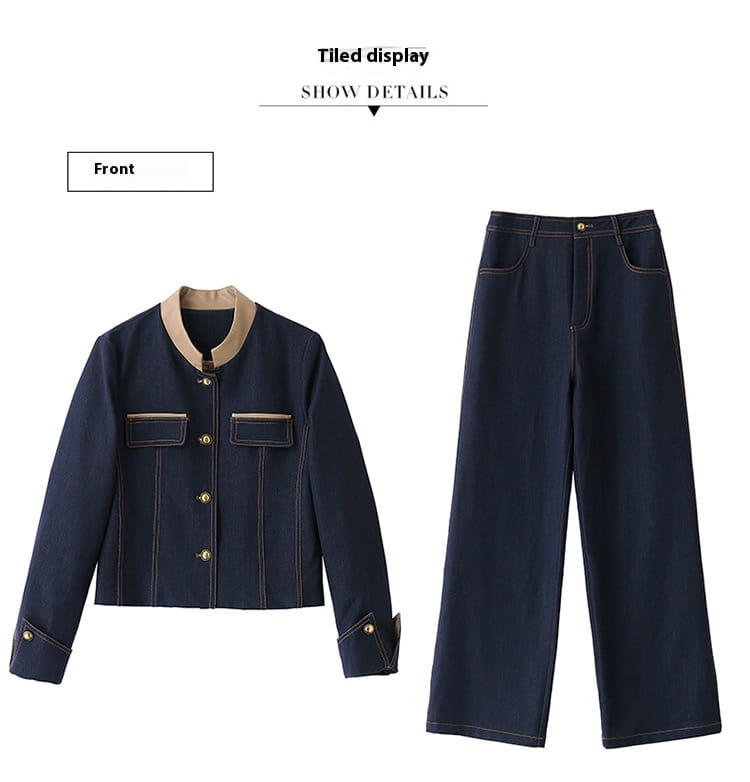 Navy blue casual denim jacket with beige collar and gold-tone buttons paired with matching wide-leg trousers in elegance retro casual denim set.