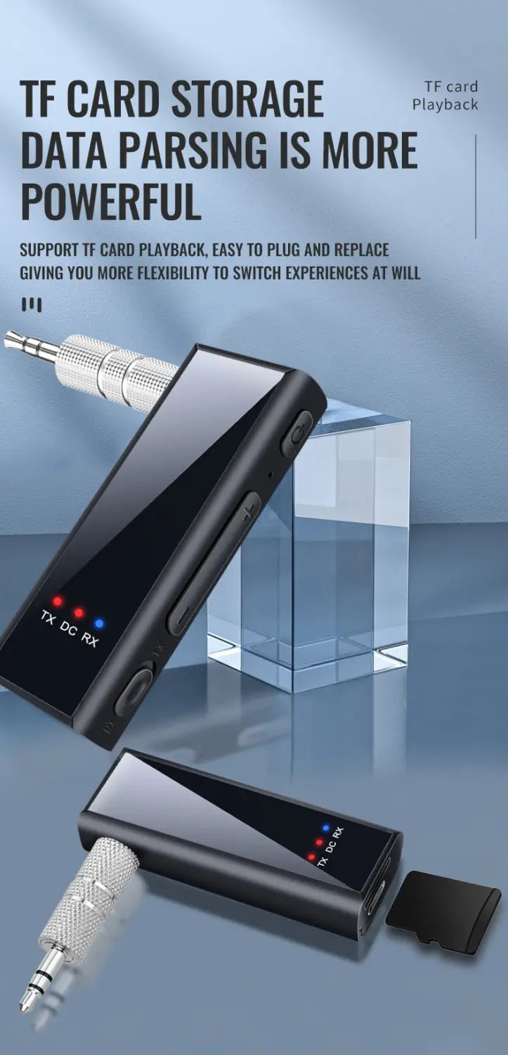 black tf card player with silver metallic 3.5mm audio jack and red blue indicator lights shown from the back side of the 3.5mm bluetooth adapter car audio transmitter for adapter car bluetooth use