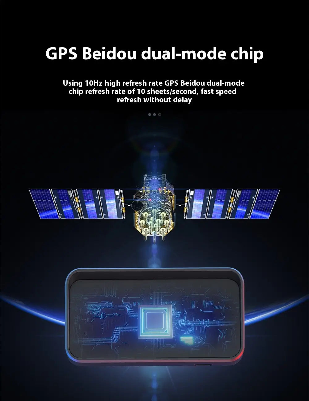 Gps beidou dual-mode chip with a sleek rectangular design and glowing blue circuitry pattern for universal head-up display car gps velometer.