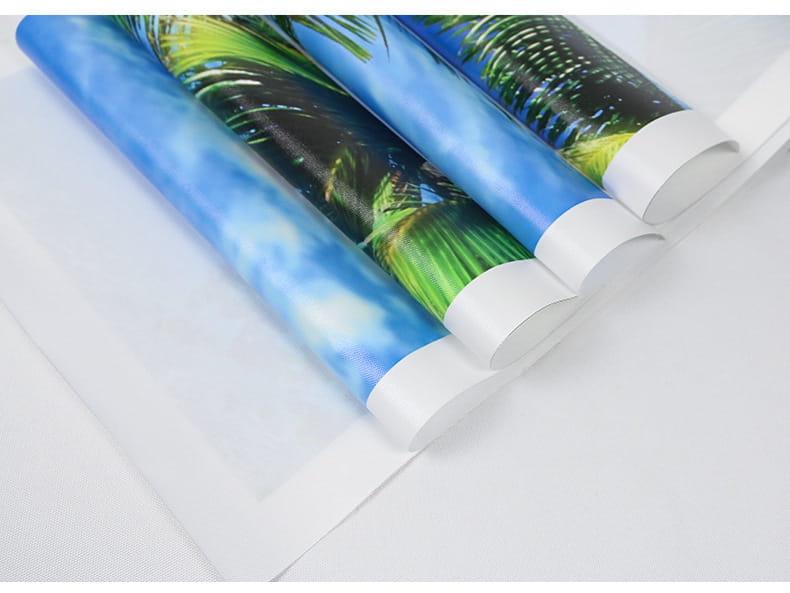modern abstract zebra canvas painting featuring rolls of tropical palm tree wall art with vibrant green fronds and blue sky printed on glossy flexible material.