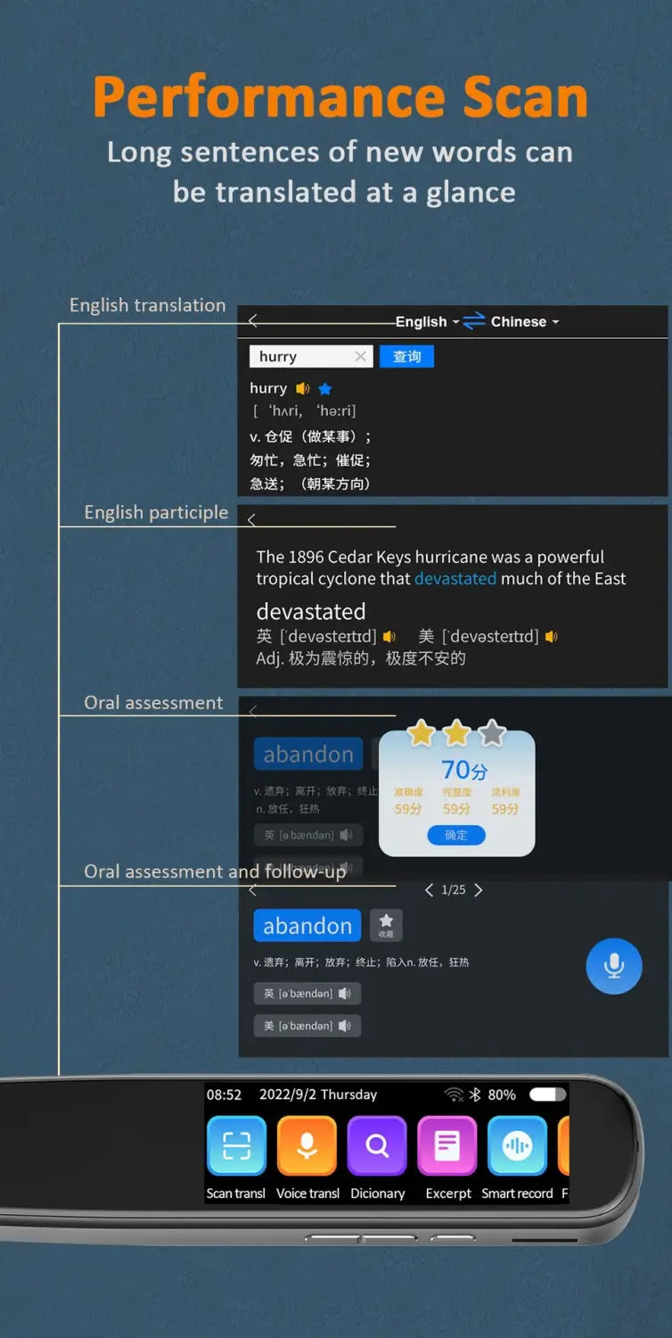 Smartphone with a sleek black screen displaying language learning app features in an offline scanning translation dictionary pen product for scanning translation.