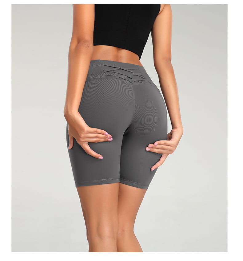gray high waist fitness yoga pants with textured circular pattern and crisscross lace-up detailing on the back for waist fitness gym use