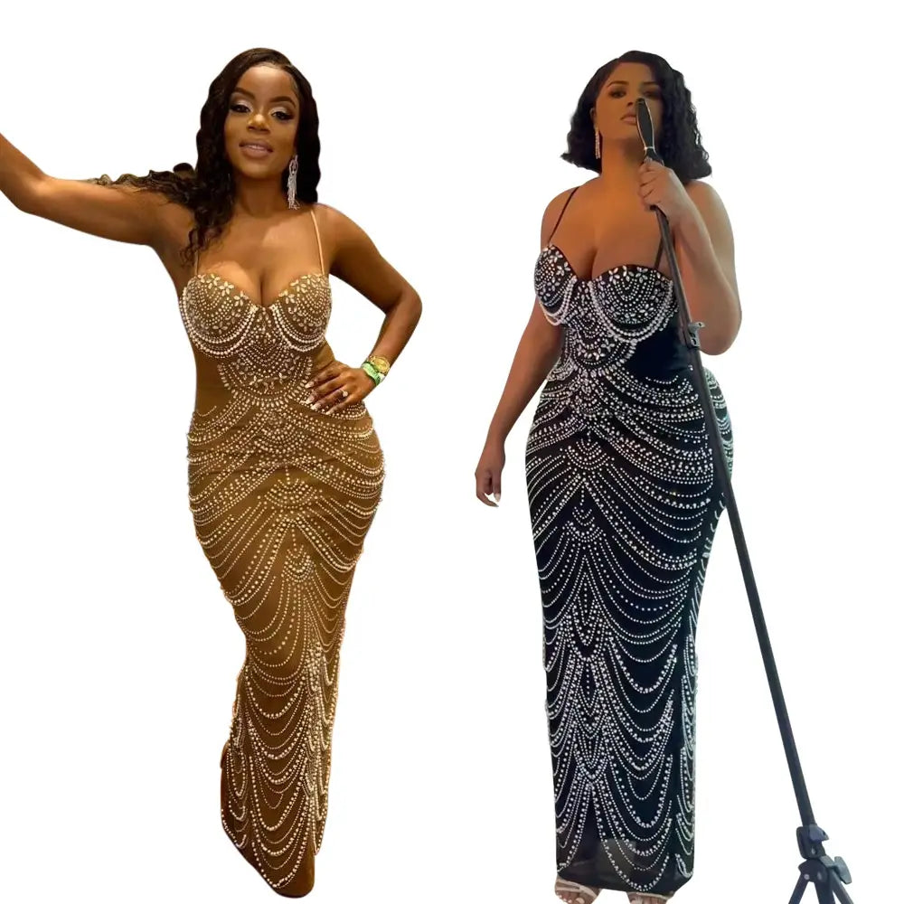 a glamorous form-fitting evening dress featuring sling hot drilling with intricate geometric beadwork in a cascading pattern