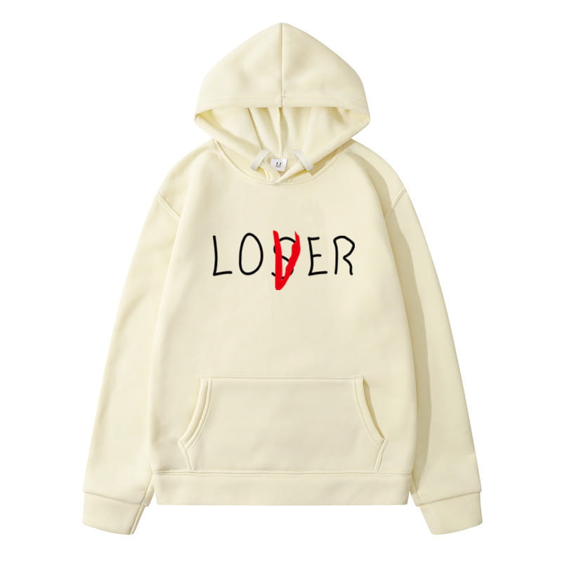 Cream-colored hoodie with loser printed in black and red lettering on the chest made of main fabric for winter clothes women lovers.