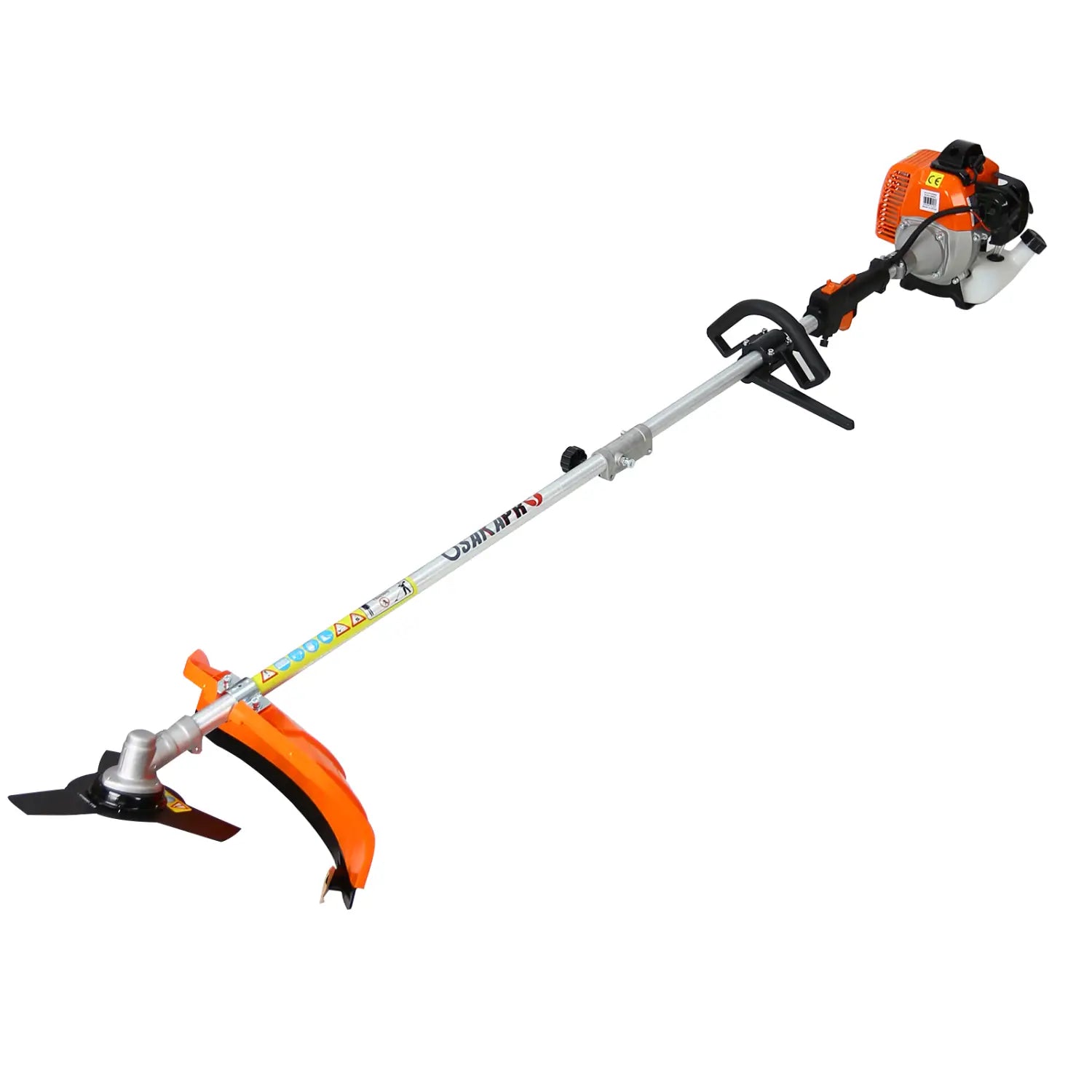 orange and black gas-powered brush cutter with silver shaft and curved cutting head in hedge trimmer and brush cutter multi tool set for plastic pruning tools and brush cutter applications.