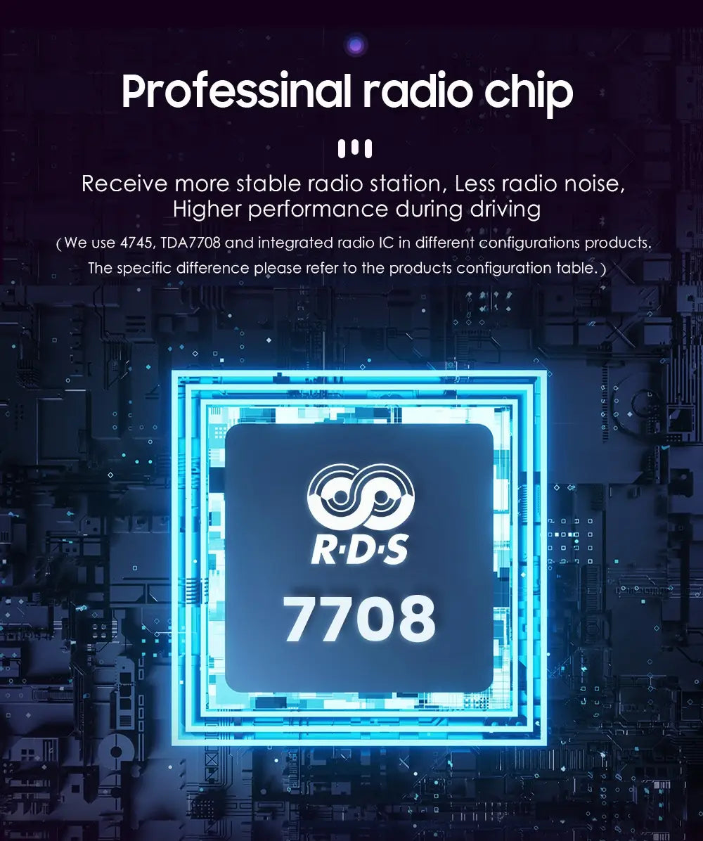 blue-lit r-d-s 7708 professional radio chip with sleek square design and integrated circuitry in 10.1 inch android car navigation wifi 4glte version carplay system.
