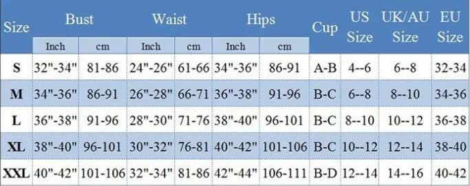 The image shows a detailed size chart for the orange crisscross split bikini set with measurements in inches and centimeters for bust waist hips and cup sizes along with corresponding US UK AU and EU sizes.