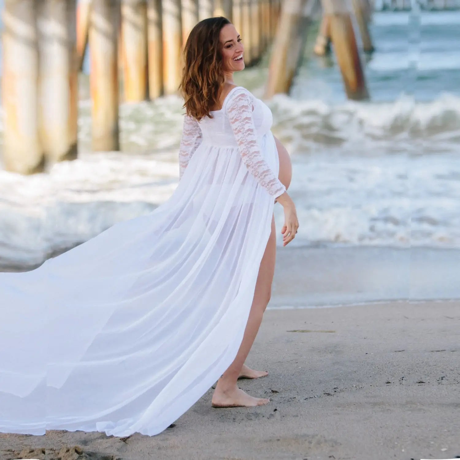 White maternity dress featuring long sleeve lace details and a flowing skirt made from main fabric in an American white sexy style