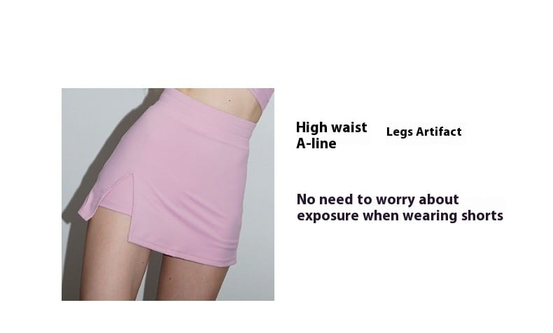 a soft pink high-waisted a-line mini pants skirt with a subtle side slit designed for yoga clothes sports suit use