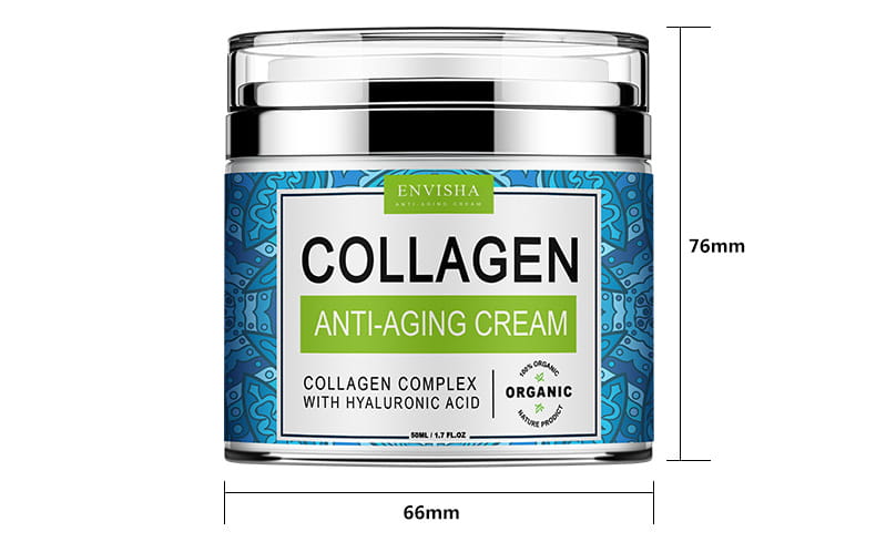 Envisha retinol cream collagen anti-aging cream in a clear glass jar with a silver lid and a blue patterned label.