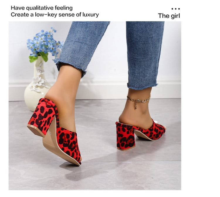 red and black leopard square toe sandals summer block heels with chunky block heels and mule design