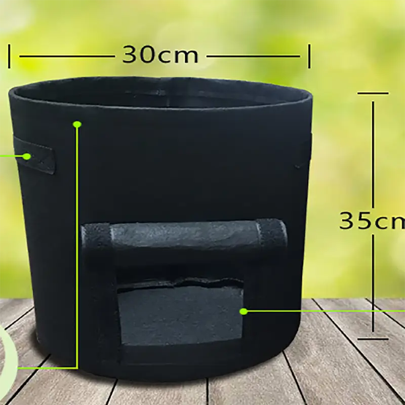 black breathable potato tomato vegetable fabric pot with sturdy handle and reinforced seams measuring 30cm in diameter and 35cm tall for tomato vegetable plant growth