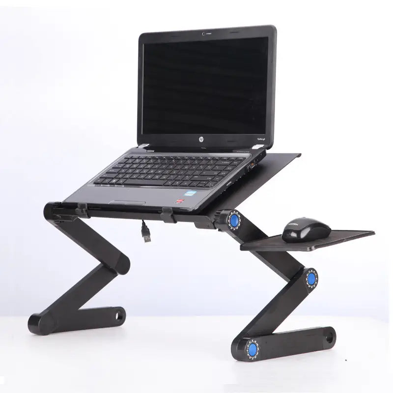 Black adjustable folding ergonomic laptop table stand with blue-accented joints and built-in mouse pad tray for enhanced workspace organization.