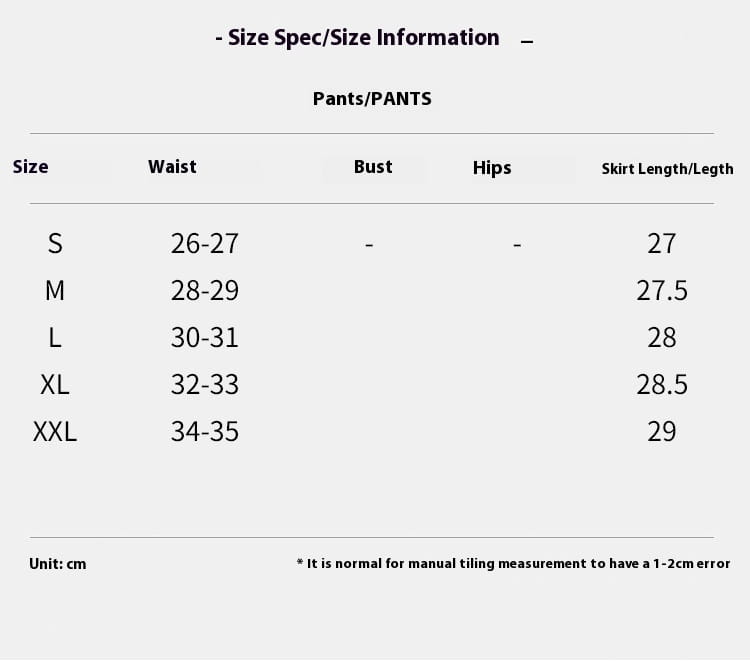 size specification chart for light blue pleated large swing casual skirt showing measurements in centimeters across sizes s through xxl.