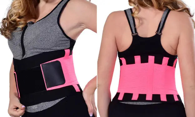 women’s slimming waist belt in pink and black featuring adjustable straps and a central panel designed as a slimming waist belt