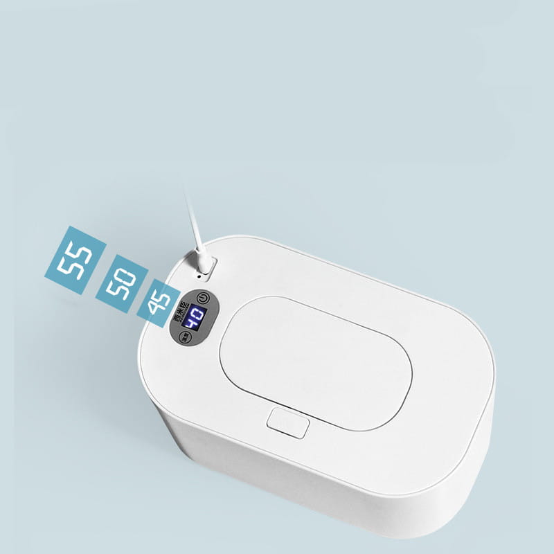 White rectangular modern household baby wet wipes heater and dispenser with digital display showing 40 seconds and temperature indicators for 55, 50, and 45 degrees to control wet wipes quantity.