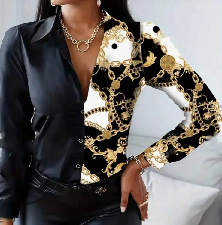 black satin printed belted shirt featuring a bold gold chain and ornate pattern design with a leopard print belt