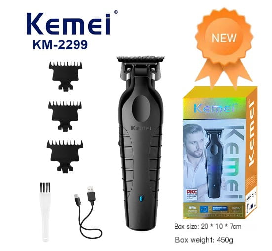 black kemei km-2299 professional hair clipper with three adjustable comb attachments and usb charging cable for precise grooming in the professional hair clipper set with attachments
