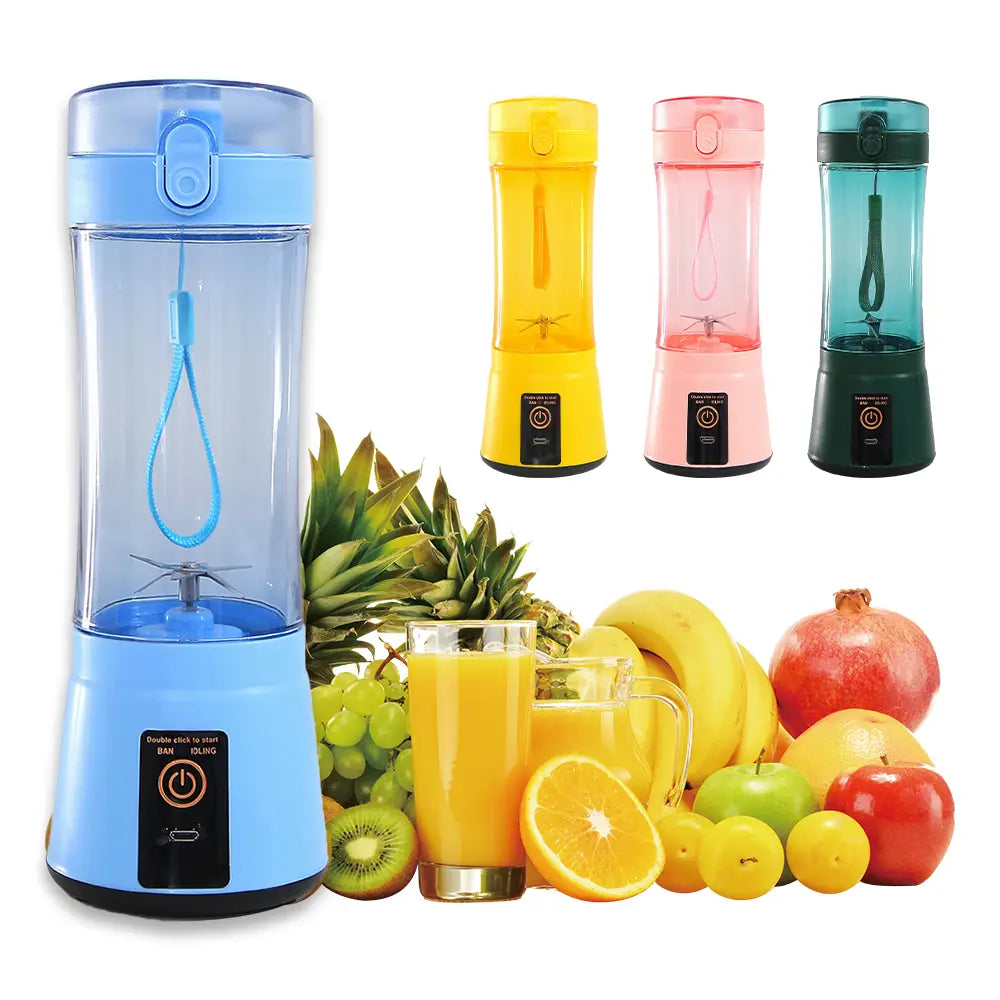Blue portable electric fruit juicer with transparent body and detachable lid USB rechargeable mixer