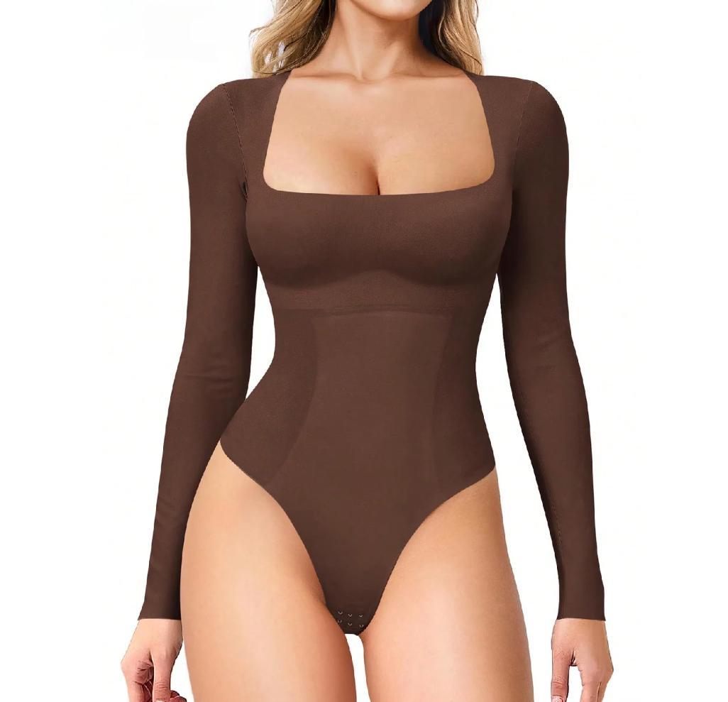 Women's Long Sleeve Square Neck Tummy Control Shaping Bodysuit