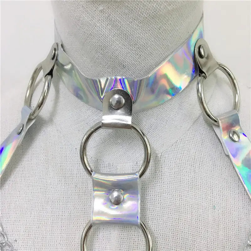 creative versatile laser ladies belt bodysuit featuring a holographic silver choker with metallic rings and adjustable straps