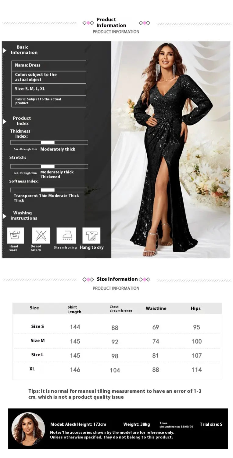 a shimmering black sequined evening dress with a v-neckline and high slit featuring a long sleeve high slit design for an elegant slim fit look