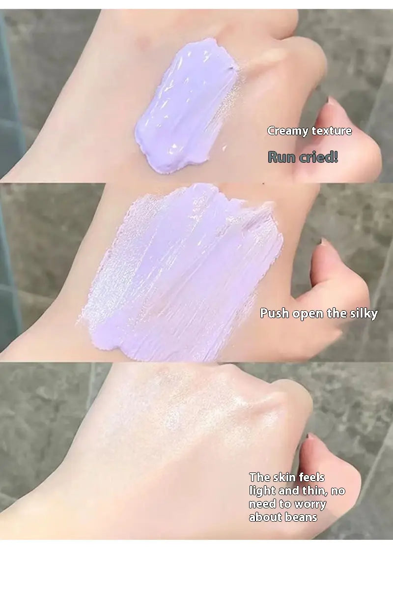 A lavender-colored silky clear makeup primer from the hisyi silky clear three color set featuring a creamy texture with a silky finish and light-reflecting particles.