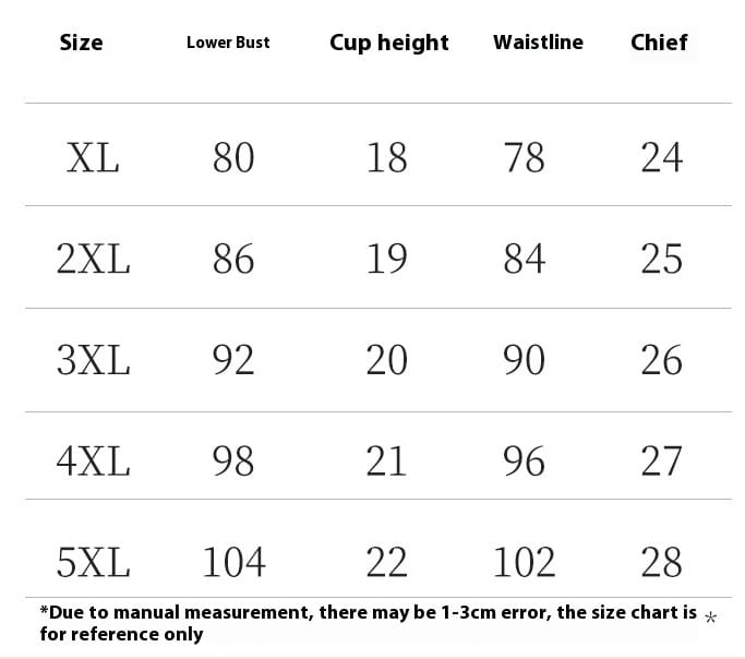 Size chart displaying measurements in centimeters for blue plus size underwear mesh suit with satin ribbon from xl to 5xl.