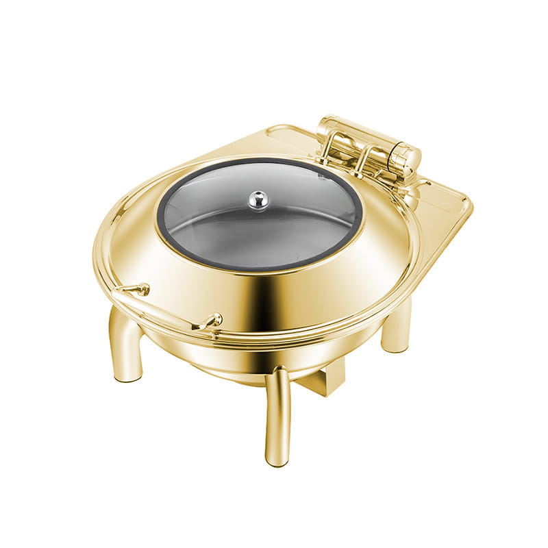 Gold-colored stainless steel buffet stove with clear glass lid and stainless steel handle designed for hotel restaurant bufei use.