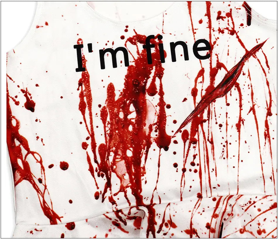 female ghost clothes adult stage sleeveless white top with red splatter design and black im fine text paired with plaid skirt set