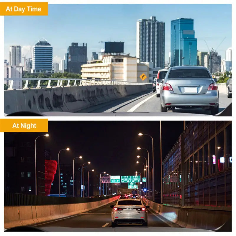 Silver sedan driving on a city highway by day and night captured by a 1080P dual lens dash cam video recorder.