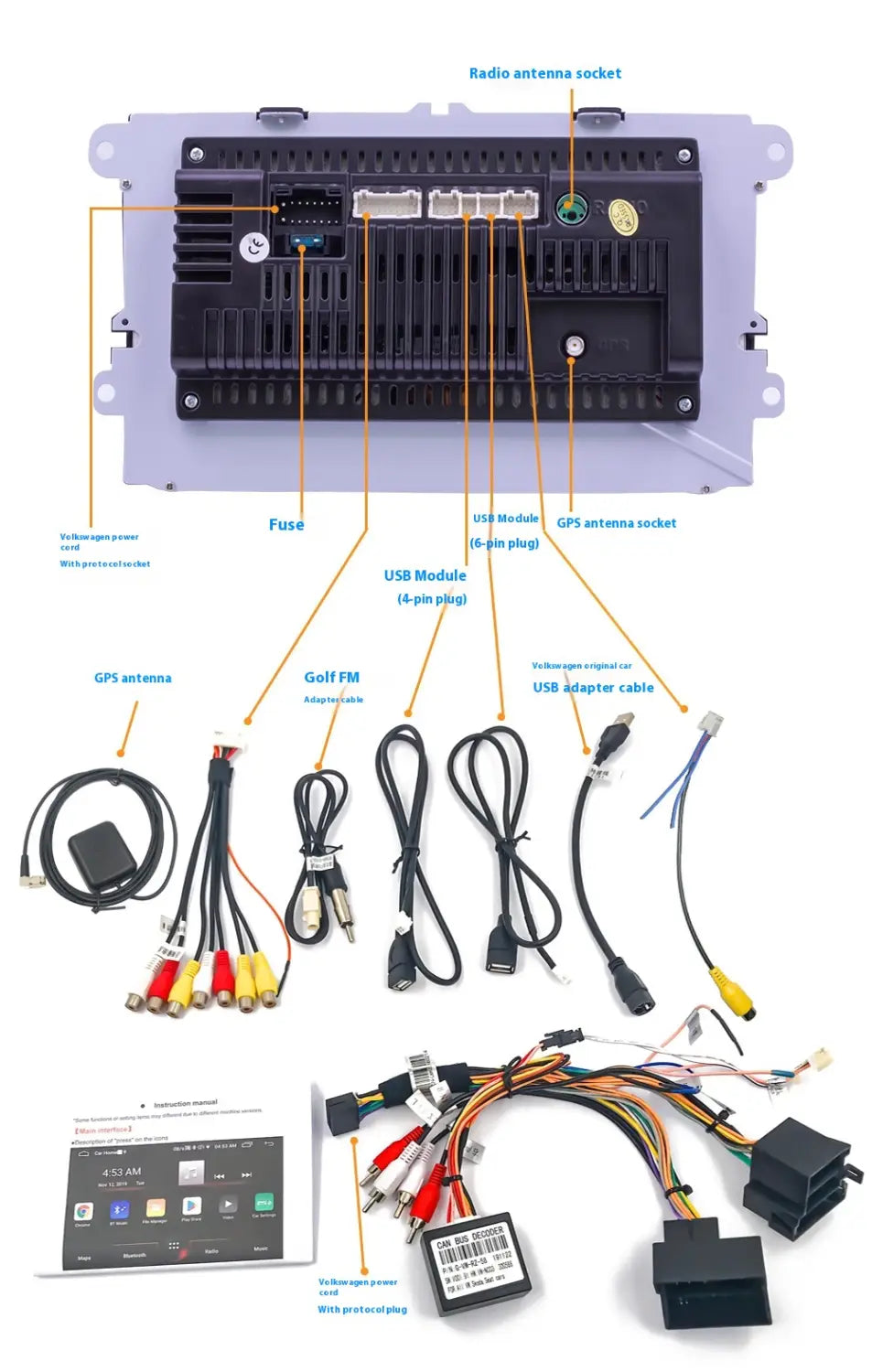 black car stereo unit with labeled connectors and cables on the back side for easy installation in a 9 inch android car bluetooth gps navigation integrated system