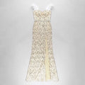 A shimmering champagne feather raglan large slit sexy sequin evening dress with strapless feather and bead details