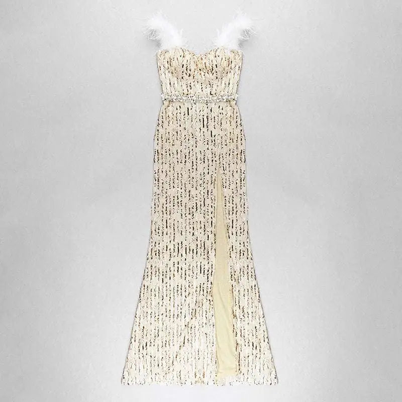 A shimmering champagne feather raglan large slit sexy sequin evening dress with strapless feather and bead details