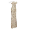 A shimmering gold sequin evening dress feather raglan large with a fitted silhouette and a large slit sexy design
