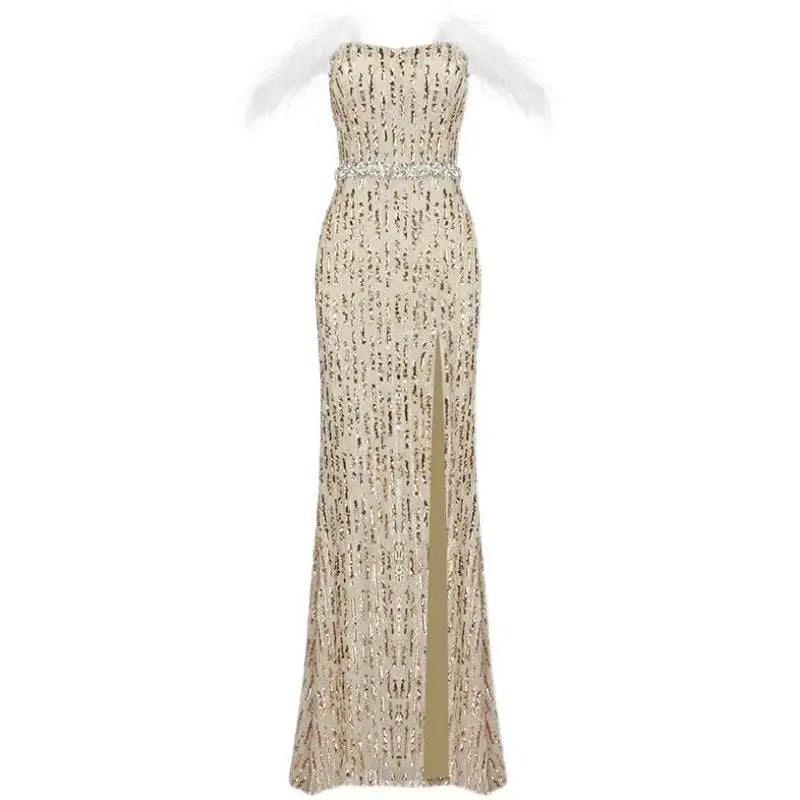 A champagne sequin evening dress with feather raglan large slit sexy design and gold sequin detailing and beaded belt