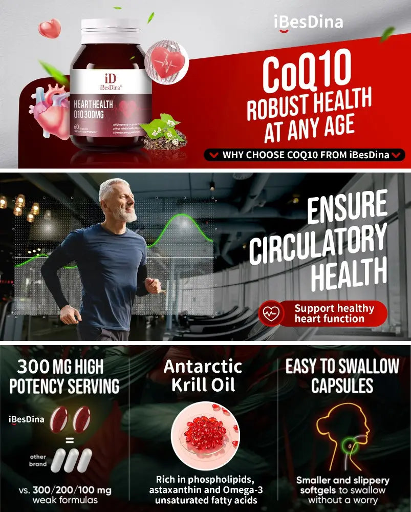 A dark amber glass bottle with a white cap and label featuring the ibesdina brand name and hearthealth coq10 300mg text containing vitality coenzyme tablets for energy metabolism scenarios.
