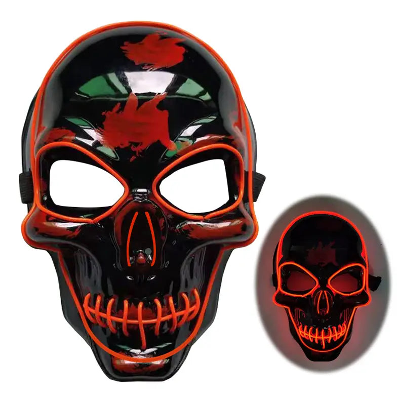Glossy black halloween skeleton mask with glowing orange led lights outlining the eyes, nose, and stitched mouth for a mask led glow effect.