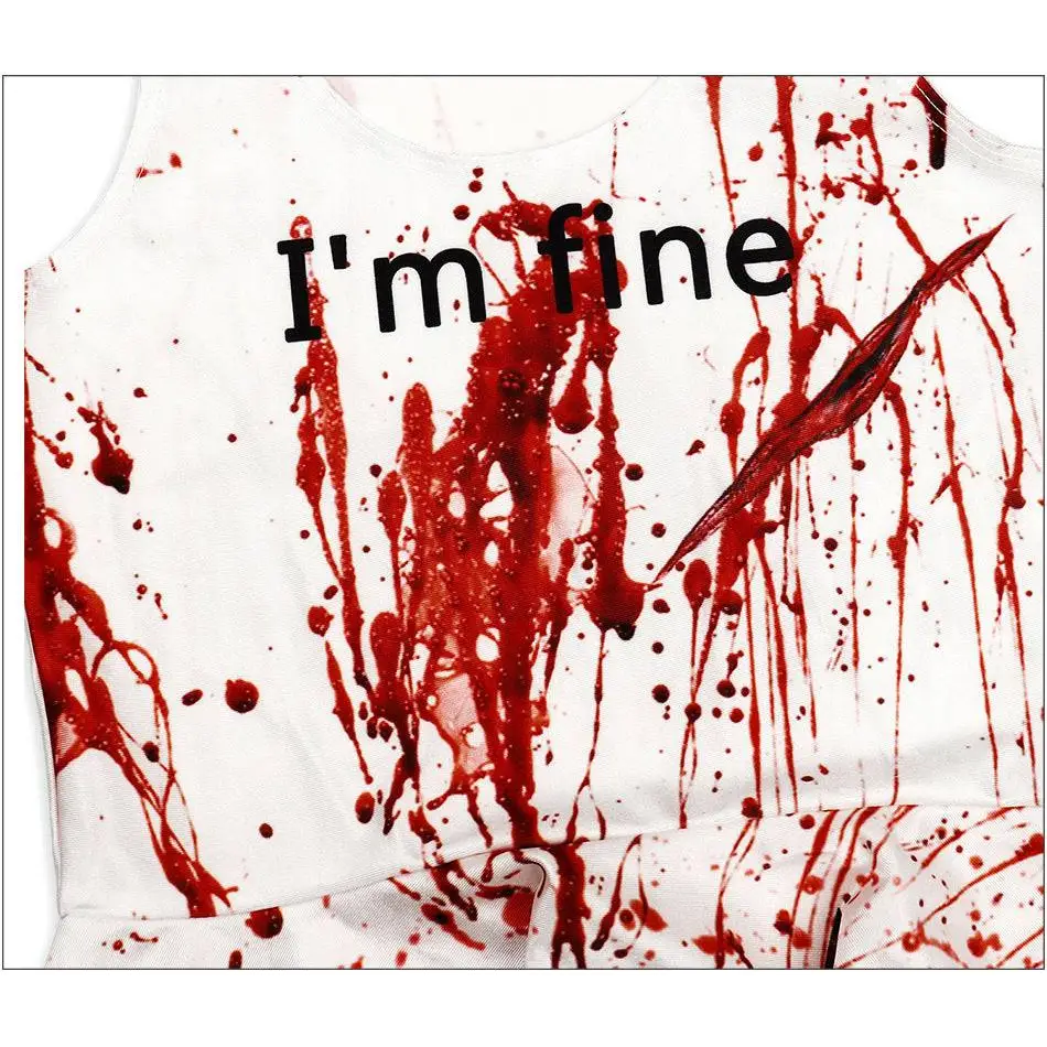 White tank top with red splatter and black im fine text paired with female ghost clothes adult stage plaid skirt set