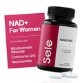 Black bottle with red and white label of nadgenie nad plus female skin anti-aging supplement sealed with black cap