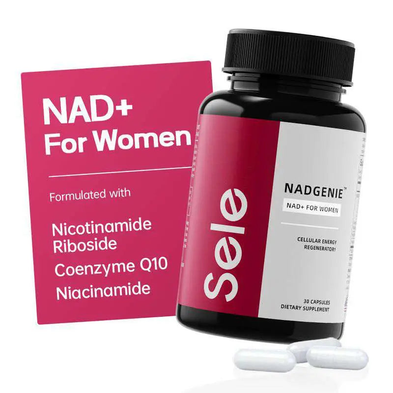Black bottle with red and white label of nadgenie nad plus female skin anti-aging supplement sealed with black cap