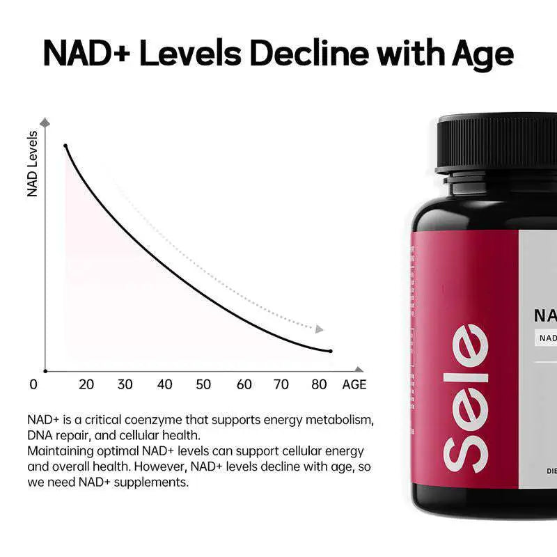 Black bottle with red and white label featuring sele brand female skin anti-aging supplement with nad plus ingredients