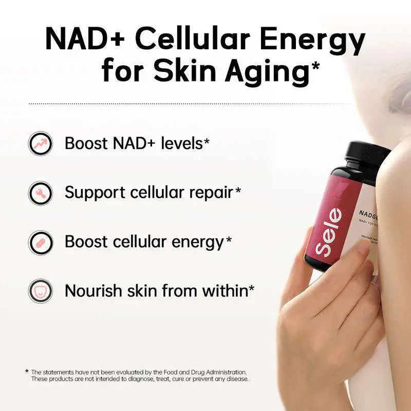 Black bottle with red and white label nadgenie nad plus female skin anti-aging supplement sealed with black cap